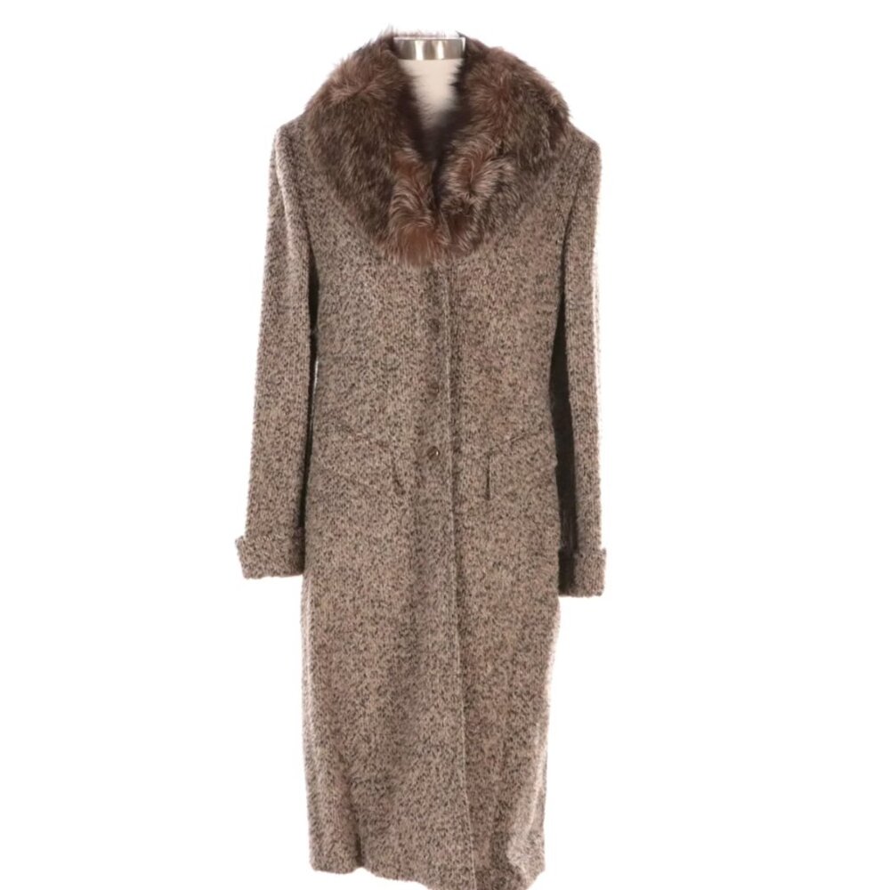 NEW/Tags ESCADA Mantel Long Coat - Brown Tweed Wool With Removable Fox Fur Colla